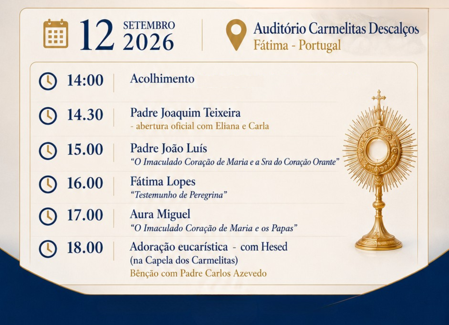 Programação do encontro de 12 de setembro de 2026 no Auditório dos Carmelitas Descalços, Fátima