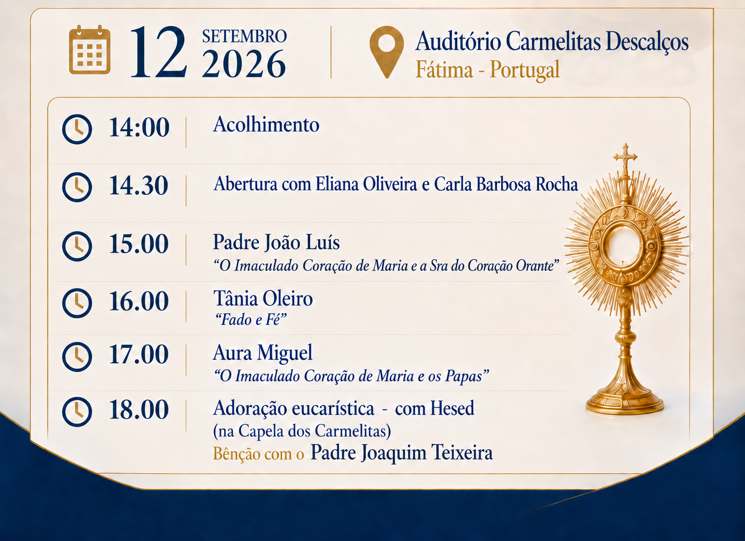 Programação do encontro de 12 de setembro de 2026 no Auditório dos Carmelitas Descalços, Fátima